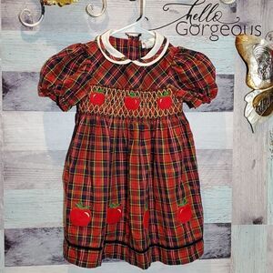 BT Kids 4T Vintage Red Tartan Smocked Apple Appliqued Dress Photos Movie Prop